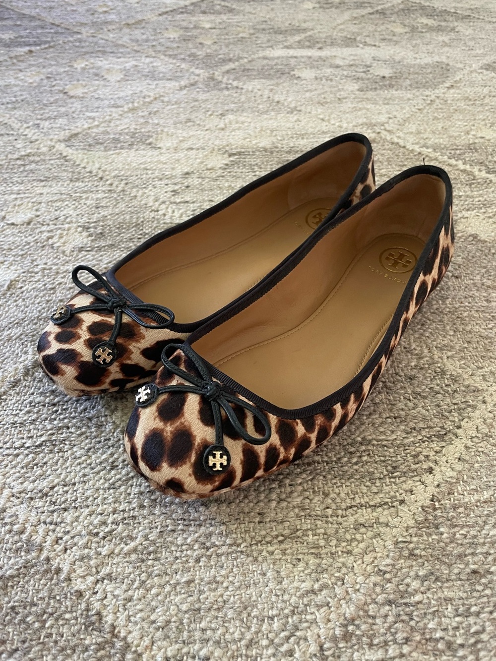 Tory Burch Leopard Calf Hair Ballet Flats With Bow